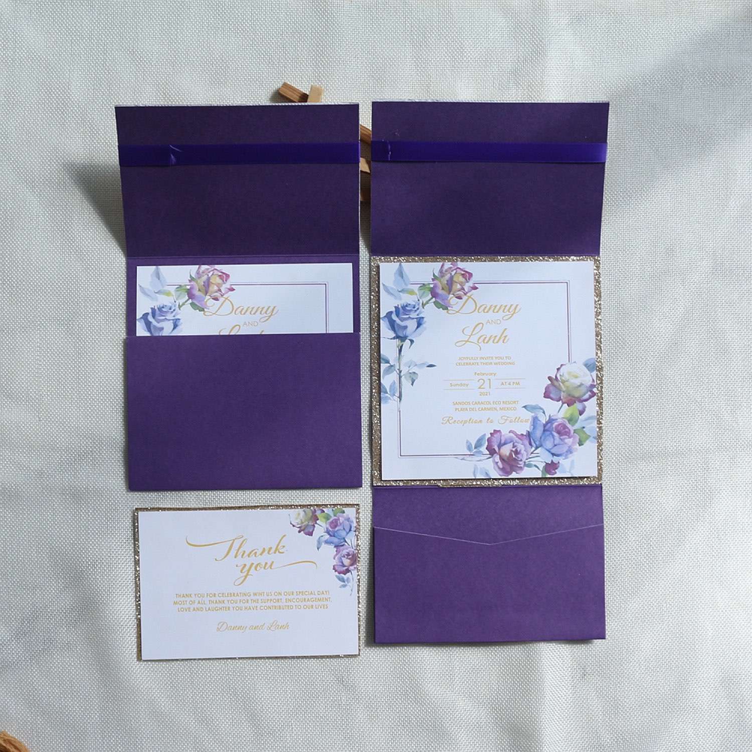 Purple Wedding Invitation Card with Tassel Square Embossing Invitation Customized 